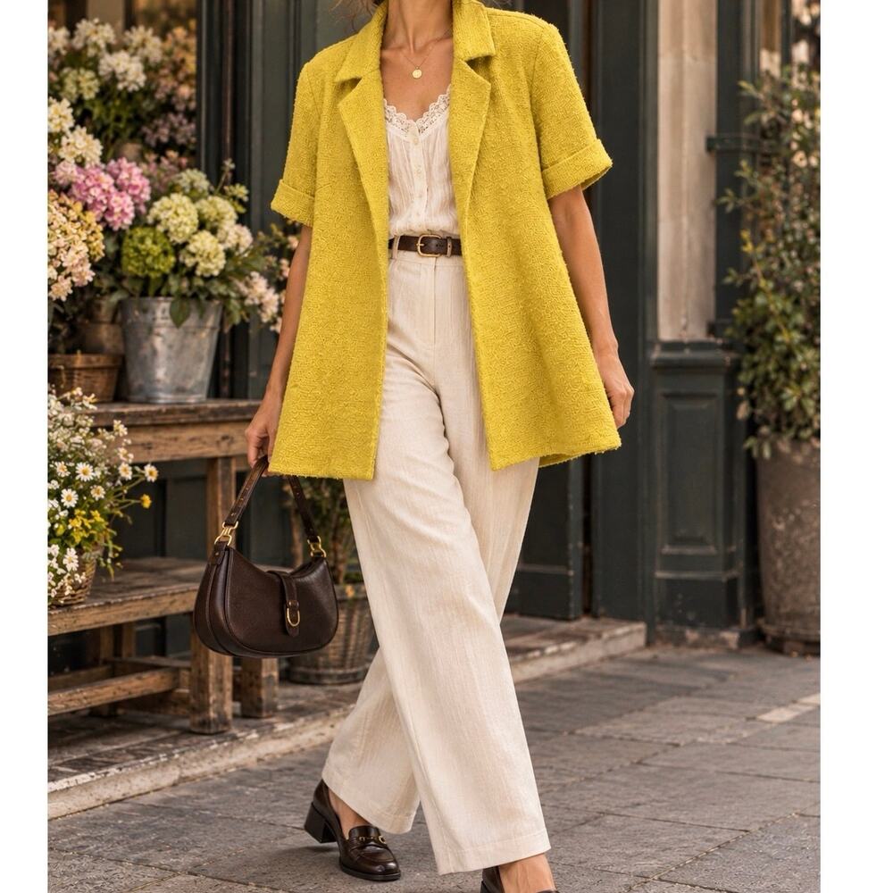 Y2K Anthropologie Tabitha Yellow Open Front Wool Swing Jacket Size Large Twee